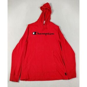 Champion Hoodie Mens Medium Red Pullover Lightweight Script Logo Sweatshirt